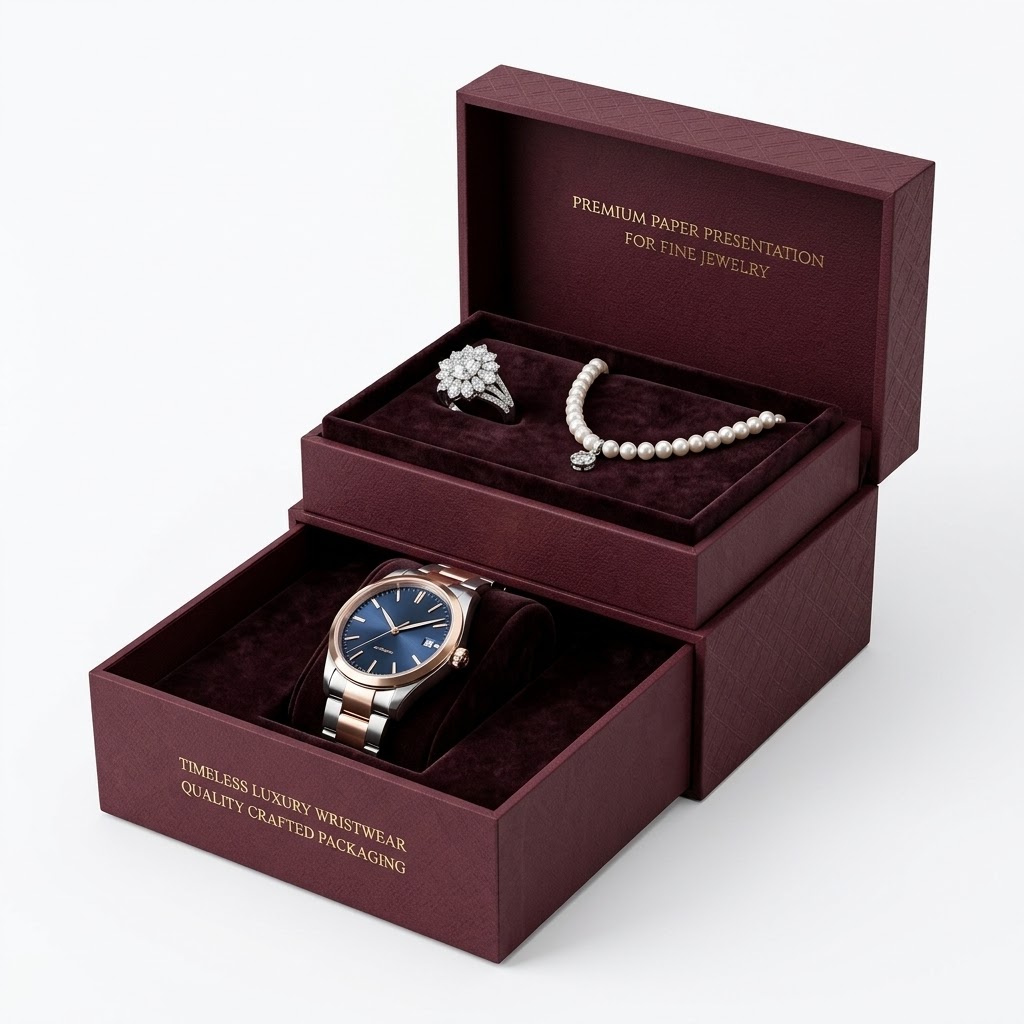 Burgundy luxury watch and jewelry box