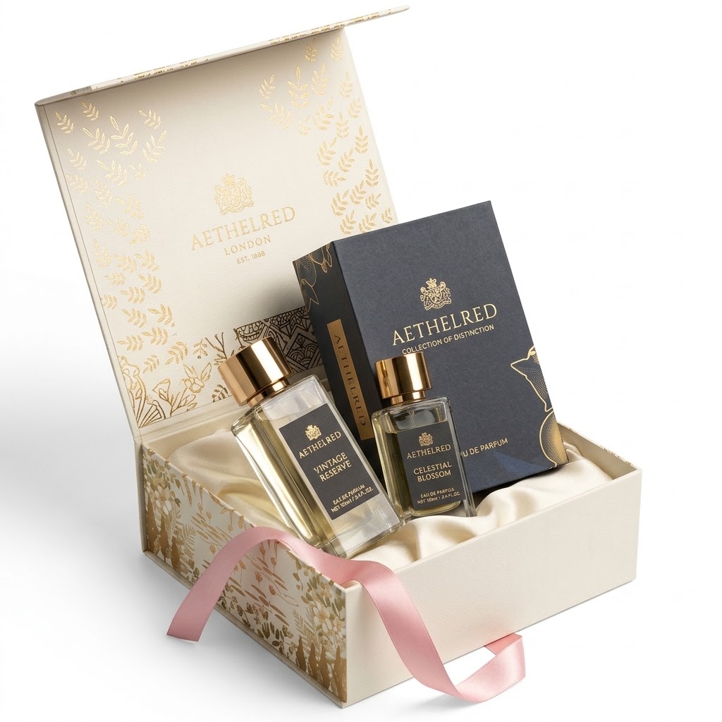 Beige luxury perfume box with bottle